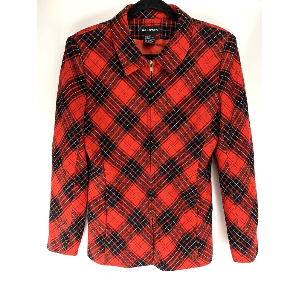 Halston Vintage Wool Jacket Women's Size Red Plaid Full Zip